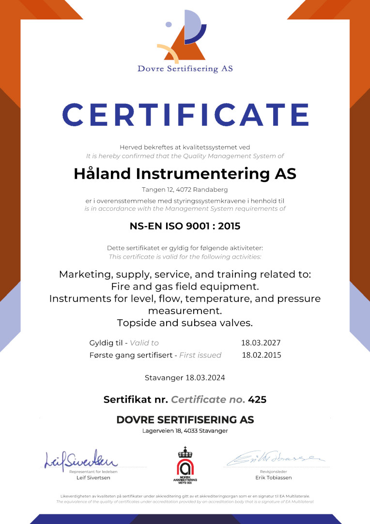 Kvalitetssystem QA ISO 9001 : 2015 Quality management system Certified Certificate Sertifikat Haland Instrumentering AS jpg bilde